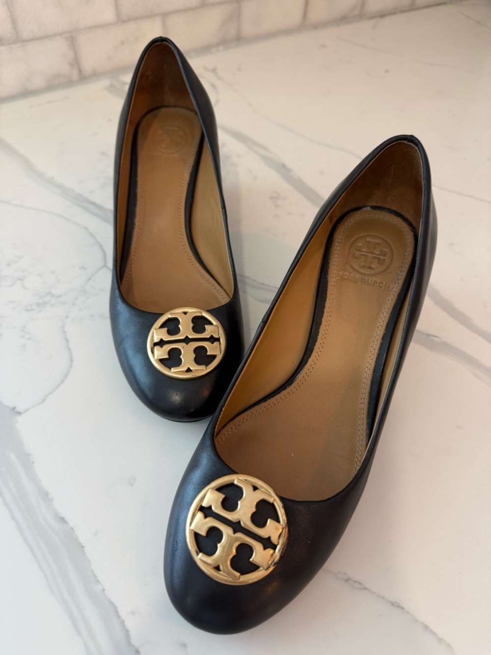 Tory Burch Black Leather Ballet Flats with Gold Logo